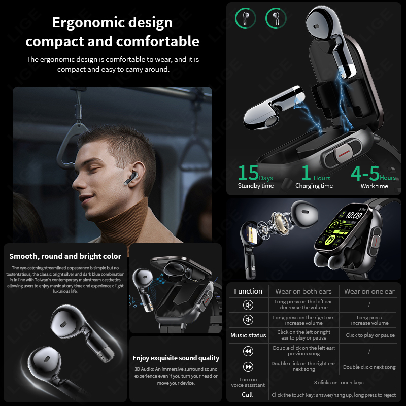 LIGE New 2 In 1 TWS Smart Watc - Tws Earbuds Bluetooth 5.3 评论和价格
